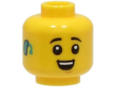 LEGO onderdeel Minifigure, Head Black Eyebrows, Medium Nougat Chin Dimple, Open Mouth Smile with Teeth, Dark Turquoise Hearing Aid Pattern - Vented Stud (3626pb3416)