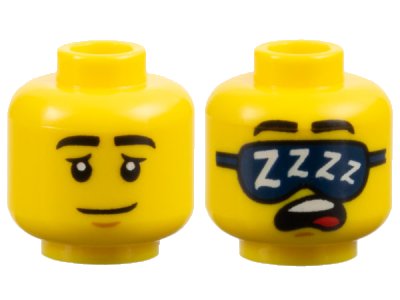 LEGO part Minifigure, Head Dual Sided Black Eyebrows, Medium Nougat Chin Dimple, Neutral with Eyelids / Sleeping with Open Mouth, Dark Blue Sleep Mask with White 'ZZZZ' Pattern - Vented Stud (3626pb3476)