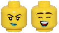 LEGO onderdeel Minifigure, Head Dual Sided Female Thin Black Eyebrows, Dark Turquoise Lips, and Crooked Smile / Closed Eyes, Open Mouth Smile Pattern - Vented Stud 3626pb3506