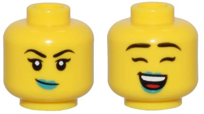 LEGO onderdeel Minifigure, Head Dual Sided Female Thin Black Eyebrows, Dark Turquoise Lips, and Crooked Smile / Closed Eyes, Open Mouth Smile Pattern - Vented Stud (3626pb3506)