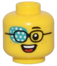 LEGO part Minifigure, Head Black Glasses, Dark Turquoise Eye Patch with White Dots, Freckles, and Open Mouth Smile Pattern - Vented Stud 3626pb3513