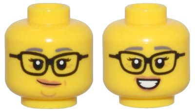 LEGO onderdeel Minifigure, Head Dual Sided Female Black Glasses, Dark Bluish Gray Eyebrows, Medium Nougat Lips and Wrinkles, Smirk / Smile Pattern - Vented Stud (3626pb3515)