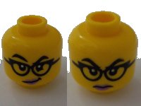 LEGO part Minifigure, Head Dual Sided Female Black Eyebrows and Glasses, Medium Lavender Lips, Lopsided Grin / Stern Pattern - Vented Stud 3626pb3521