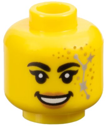 LEGO part Minifigure, Head Female Black Thick Eyebrows and Single Eyelashes, Nougat Lips, Gold Dots, Silver Stars Constellation, Open Mouth Smile with Teeth Pattern - Vented Stud (3626pb3522)