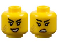 LEGO part Minifigure, Head Dual Sided Female Black Eyebrows, Long Eyelashes, Medium Nougat Lips, Gold Stripes Tattoo, Evil Open Mouth Smile with Teeth / Scowl Pattern - Vented Stud 3626pb3543