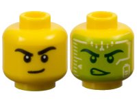 LEGO part Minifigure, Head Dual Sided Black Eyebrows and Lopsided Grin / Dark Green Eyebrows, Eyes, and Determined Open Mouth with Teeth, Lime and White Head-Up Display (HUD) Pattern - Vented Stud 3626pb3581