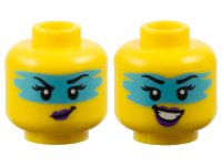 LEGO part Minifigure, Head Dual Sided Female Black Eyebrows, Eyelashes, Medium Azure Face Paint, Dark Purple Lips, Lopsided Grin / Open Mouth Smile with Teeth Pattern - Vented Stud 3626pb3641