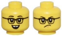 LEGO part Minifigure, Head Dual Sided Black Eyebrows, Glasses, Open Mouth Smile with Gap Teeth / Angry Frown and Chin Dimple Pattern - Vented Stud 3626pb3660