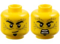 LEGO part Minifigure, Head Dual Sided Black Eyebrows, Soul Patch, Olive Green Spots and Lines, Lopsided Grin / Open Mouth Scowl with Teeth Pattern - Vented Stud 3626pb3682
