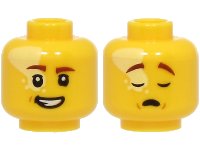 LEGO part Minifigure, Head Dual Sided Reddish Brown Eyebrows, Bright Light Yellow Splotch, Open Mouth Smile with Teeth / Sleeping Pattern - Vented Stud (BAM) 3626pb3684