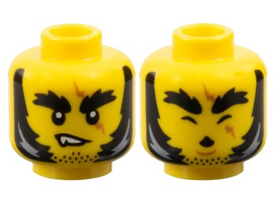 LEGO onderdeel Minifigure, Head Dual Sided Black Bushy Thick Eyebrows, Stubble and Mutton Chops with Light Bluish Gray Highlights, Medium Nougat Zig Zag Scar, Lopsided Grin with Fang / Howling with Closed Eyes and Chin Dimple Pattern - Vented Stud (3626pb3766)