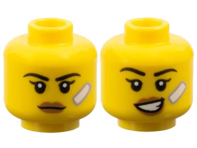 LEGO onderdeel Minifigure, Head Dual Sided Female Black Eyebrows, Single Eyelashes, Medium Nougat Lips, White Bandage, Neutral / Lopsided Open Mouth Smile with Teeth Pattern - Vented Stud (3626pb3770)