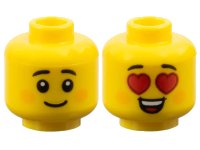 LEGO part Minifigure, Head Dual Sided Child Black Small Eyebrows, Bright Light Orange Circles on Cheeks, Grin / Red Heart Eyes and Open Mouth Smile with Top Teeth and Tongue Pattern - Vented Stud 3626pb3771