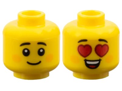 LEGO onderdeel Minifigure, Head Dual Sided Child Black Small Eyebrows, Bright Light Orange Circles on Cheeks, Grin / Red Heart Eyes and Open Mouth Smile with Top Teeth and Tongue Pattern - Vented Stud (3626pb3771)