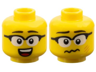 LEGO onderdeel Minifigure, Head Dual Sided Black Eyebrows, Glasses with White Lenses, Open Mouth Smile with Top Teeth and Red Tongue / Dizzy with Medium Nougat Scratches Pattern - Vented Stud (3626pb3773)