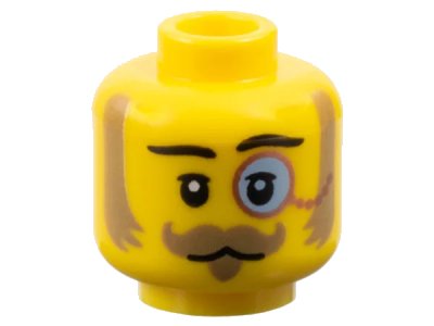 LEGO onderdeel Minifigure, Head Black Eyebrows, Upper Eyelids, Dark Tan Mutton Chops, Curled Moustache and Soul Patch, Copper Monocle with Bright Light Blue Lens, Neutral Pattern - Vented Stud (3626pb3774)