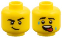 LEGO part Minifigure, Head Dual Sided, Black Eyebrows, Lopsided Smirk / Sweat Drops and Red Tongue Pattern 3626pb4061