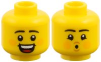 LEGO part Minifigure, Head Dual Sided, Black Eyebrows, Orange Cheeks, Open Smile / Pucker Pattern 3626pb4063