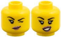 LEGO part Minifigure, Head Dual Sided Female, Black Eyebrows, Metallic Pink Lips, Lopsided Grin and Wink Left / Open Smile with Teeth Pattern 3626pb4065