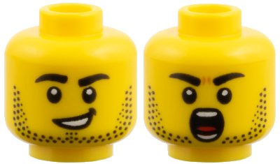 LEGO part Minifigure, Head Dual Sided, Black Eyebrows and Stubble / Lopsided Smile / Shouting Pattern (3626pb4140)