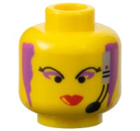 LEGO part Minifigure, Head Female with Black Thin Eyebrows, Purple Hair and Eye Shadow, Headset with Microphone, and Red Lips Narrow Pattern 3626px86