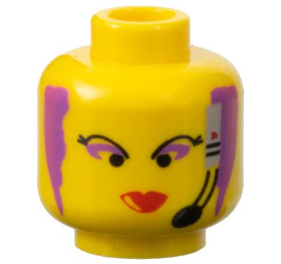 LEGO onderdeel Minifigure, Head Female with Black Thin Eyebrows, Purple Hair and Eye Shadow, Headset with Microphone, and Red Lips Narrow Pattern (3626px86)