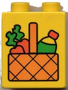 LEGO onderdeel Duplo, Brick 1 x 2 x 2 with Picnic Basket with Carrots and Drink Pattern (4066pb030)