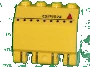 LEGO part Panel 2 x 4 x 3 1/3 with Double Locking 2 Fingers Hinge with 'OPEN' and Red Warning Triangle Pattern (Sticker) - Sets 7774 / 7775 44572pb003