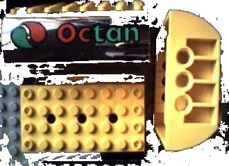 LEGO onderdeel Slope, Curved 6 x 8 x 2 Double with Chrome Silver Sides and Octan Logo Pattern (45411pb02)