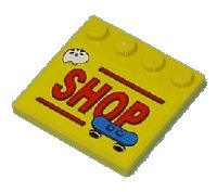 LEGO part Tile, Modified 4 x 4 with Studs on Edge with Red 'SHOP' and Lines, Blue Skateboard, White Helmet Pattern (Sticker) - Set 7641 6179pb018