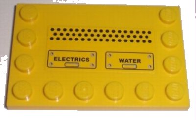 LEGO part Tile, Modified 4 x 6 with Studs on Edges with Black 'ELECTRICS' and 'WATER' Pattern (Sticker) - Set 7632 (6180pb023)