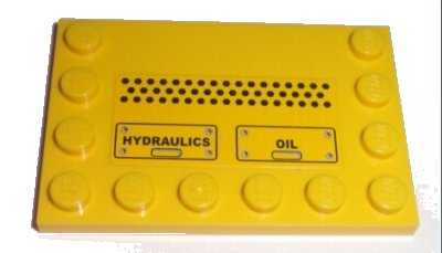 LEGO onderdeel Tile, Modified 4 x 6 with Studs on Edges with Black 'HYDRAULICS' and 'OIL' Pattern (Sticker) - Set 7632 (6180pb024)