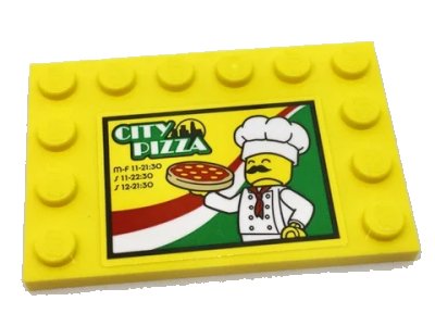 LEGO onderdeel Tile, Modified 4 x 6 with Studs on Edges with Chef, 'CITY PIZZA', Store Hours, and Italian Flag Colors Pattern Model Left Side (Sticker) - Set 60150 (6180pb103L)