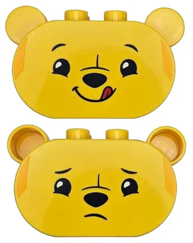 LEGO onderdeel Duplo, Brick 2 x 4 x 2 1/2 Rounded Ends, Ears on Sides with Black Eyebrows, Eyes, Nose, and Mouth, Lopsided Grin with Red Tongue Sticking Out / Sad Pattern (Winnie the Pooh Head) (72133pb06)