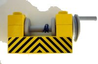 LEGO part String Reel Winch 2 x 4 x 2 (Light Gray Drum) with Black and Yellow Danger Stripes Pattern (Sticker) - Set 6361 73037pb01