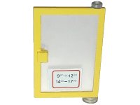 LEGO part Door 1 x 4 x 5 Right with Trans-Clear Glass and White Open Hours '9-12 / 14-17' Pattern (Sticker) - Sets 6362 / 6689 73435c01pb02