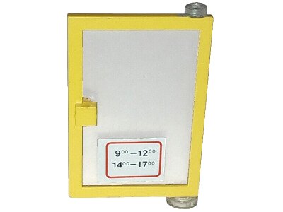 LEGO onderdeel Door 1 x 4 x 5 Right with Trans-Clear Glass and White Open Hours '9-12 / 14-17' Pattern (Sticker) - Sets 6362 / 6689 (73435c01pb02)