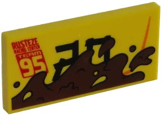 LEGO onderdeel Tile 2 x 4 with 'RUSTEZE RACING CENTER TEAM 95' and Mud Splotches Pattern Model Left Side (87079pb0415L)