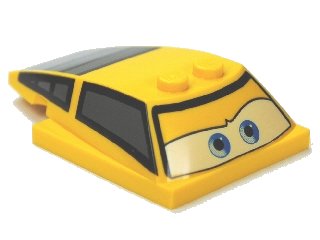 LEGO onderdeel Wedge 6 x 4 x 1 1/3 with 4 x 4 Base with Blue Eyes, Windows and Rear Grille Pattern (93591pb08)