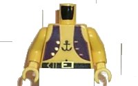 LEGO part Torso Pirate Dark Purple Vest Open with Gold Buttons, Black Belt with Buckle, Anchor Tattoo, Navel Pattern / Yellow Arms / Yellow Hands 973p30c01