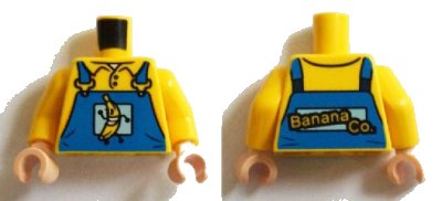 LEGO part Torso Overalls Blue with Running Banana and 'Banana Co.' on Reverse Pattern / Yellow Arms / Light Nougat Hands (973pb1870c01)