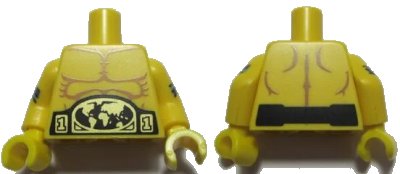 LEGO onderdeel Torso Bare Chest with Muscles Outline and Belt Buckle with Gold World Map Pattern / Yellow Arms with Medium Azure and Dark Purple Stripes Pattern / Yellow Hands (973pb2214c01)