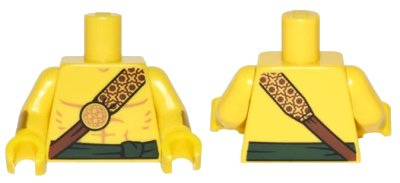 LEGO onderdeel Torso Bare Chest with Reddish Brown and Gold Strap and Dark Green Waist Sash Pattern / Yellow Arms with Gold Cuffs Pattern / Yellow Hands (973pb2389c01)