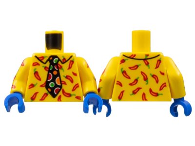 LEGO onderdeel Torso Collar Shirt, Red Peppers, Black Tie with Red, Orange and Bright Green Polka Dots Pattern / Yellow Arms with Red Peppers Pattern / Blue Hands (973pb4692c01)