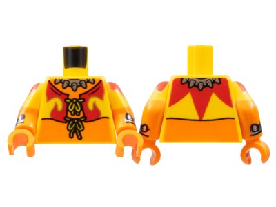 LEGO onderdeel Torso Yellow Vest, Red Fire, Silver Spiked Collar Pattern / Orange Arms with Yellow Short Sleeves, Red Flame, Silver Spike Cuff Pattern / Orange Hands (973pb4696c01)