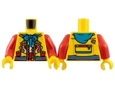 LEGO onderdeel Torso Jacket, Dark Turquoise Drawstring and Hood, Gold Zipper, Monkey King Face Logo Pattern / Red Arms / Yellow Hands (973pb5023c01)