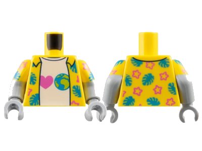 LEGO onderdeel Torso Hawaiian Shirt Open with Dark Azure Leaves and Dark Pink Stars over White T-Shirt with Heart and Earth Pattern / Light Bluish Gray Arms with Molded Yellow Short Sleeves and Printed Dark Azure Leaves and Dark Pink Stars Pattern / Light Bluish Gray Ha (973pb5644c01)