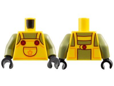 LEGO onderdeel Torso Overalls with Pocket, Olive Green Chest, Reddish Brown Lines and Buttons, Orange Trim and Flower Pattern / Olive Green Arms / Black Hands (973pb5911c01)