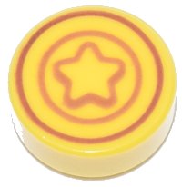 LEGO part Tile, Round 1 x 1 with Dark Orange and Medium Nougat Star and Concentric Circles Pattern (Animal Crossing Bell) 98138pb401