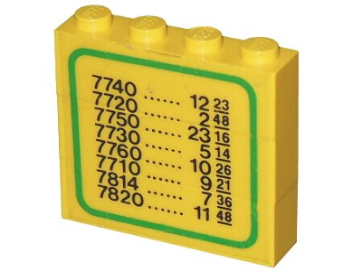 LEGO onderdeel Stickered Assembly 4 x 1 x 3 with Train Schedule Pattern on Both Sides (Stickers) - Sets 7740 / 7822 - 3 Brick 1 x 4 (BA006pb01)